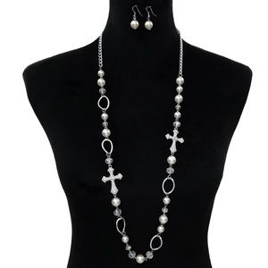 Long Pearl & Rhinestone Cross Necklace Earrings Set